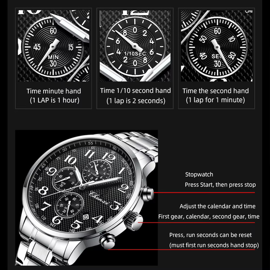 CHENXI Chronograph, Edelstahl, Quarz, Schwarz, Herren - Bild 2
