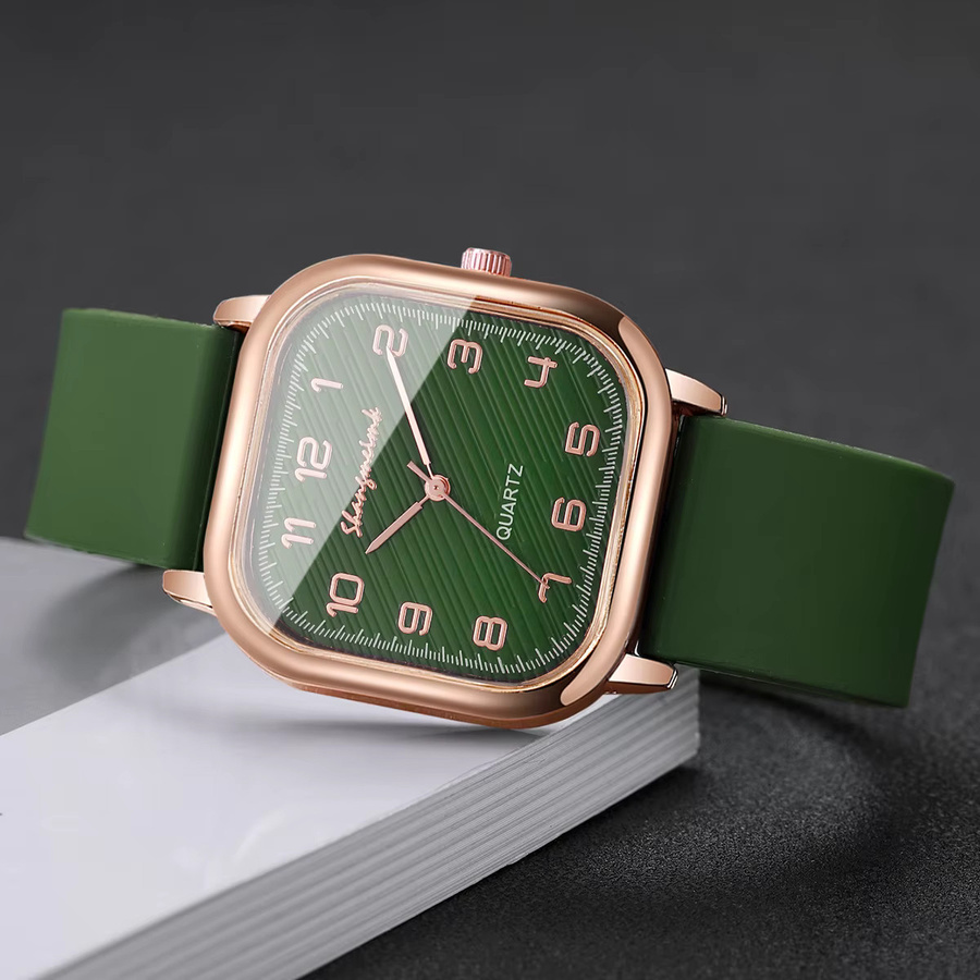 Armbanduhr Damen, Quarz, eckiges Zifferblatt, Roségold, Silikonarmband, Grün - Bild 4