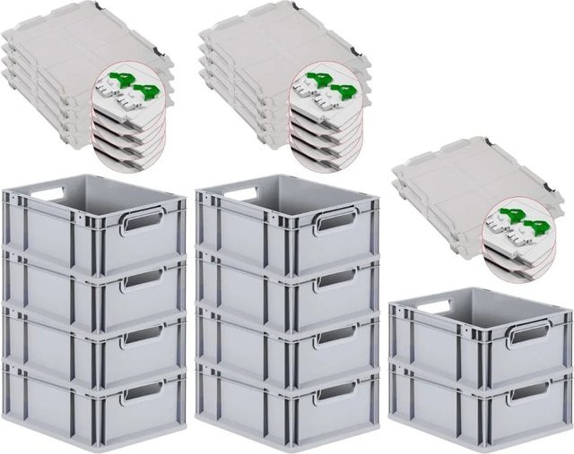 PROREGAL SuperSparSet 10x Eurobox NextGen Grip mit Scharnierdeckel und grünen Schiebeschnappverschlüssen, Grau, H x B x T: 17 x 30 x 40 cm - Bild 1