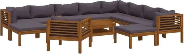 vidaXL 12-tlg. Garten-Lounge-Set in U-Form aus massivem Akazienholz mit dunkelgrauen Polstern - Bild 1