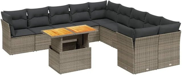 vidaXL 11-teilige Garten-Sofagarnitur in Grau aus Polyrattan mit Kissen und Tisch in L-Form - Bild 1