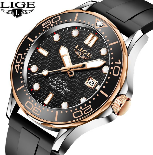 LIGE Armbanduhr Quarz, Silikon, Schwarz, Herren, Datum, Leuchtzeiger - Bild 1