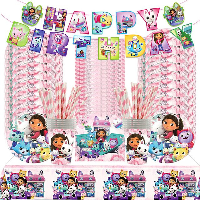 Potdemiel 86-teiliges Gabby Dollhouse Einweg-Tischgeschirr-Set für Kinder, buntes Partyzubehör mit Tellern, Bechern und Servietten - Bild 1