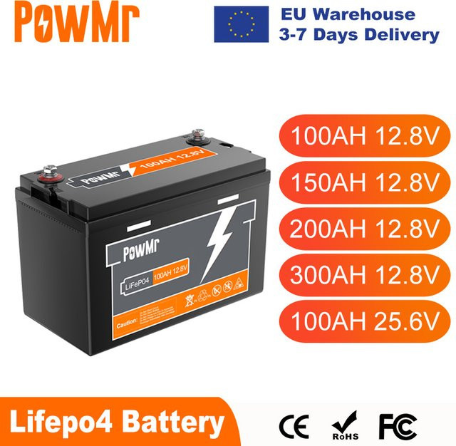 PowMr LiFePO4 Solar-Lithiumbatterie 12,8 V in Schwarz mit über 6000 Zyklen für die serielle Verschaltung bis zu 4 Einheiten - Bild 1