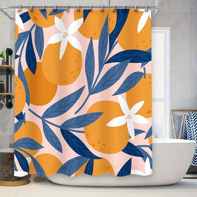 Annier Duschvorhang mit floralem Muster in Blau, Orange und Weiß, wasserdicht und schimmelresistent, B: 180 cm, H: 190 cm - Bild 1