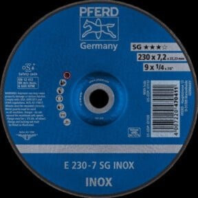 PFERD Schruppscheibe SG INOX Leistungslinie für Edelstahl, Durchmesser: 230 mm, Breite: 7,2 mm, Bohrung: 22,23 mm, Blau - Bild 1