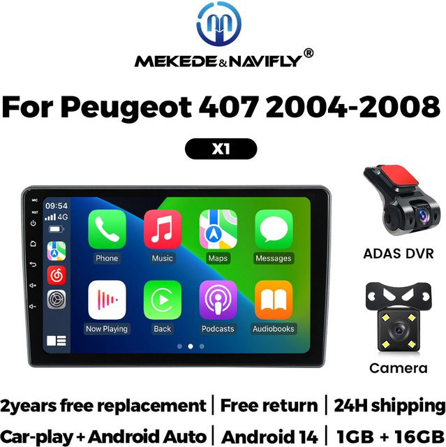 NaviTree Android 14 Multimedia Autoradio mit CarPlay und WiFi für Peugeot 407 2004-2011 in Schwarz mit Rückfahrkamera und Navi - Bild 1