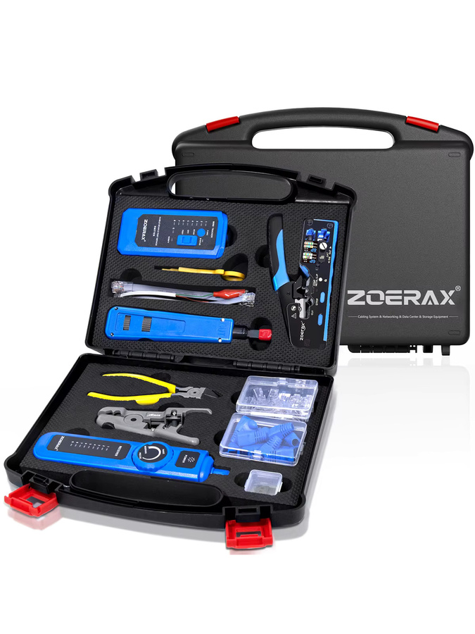 ZoeRax 9-in-1 RJ45 Crimpwerkzeug-Set in Blau mit Kabeltester, Crimpzange, CAT6-Steckern und Abisolierer - Bild 4