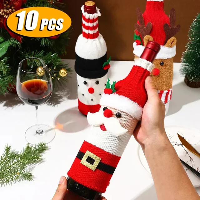 10er Set gestrickte Weinflaschen-Abdeckungen mit Santa und Schneemann in Rot für deine Weihnachtsdekoration - Bild 1