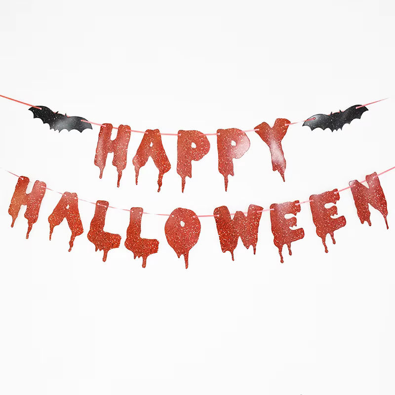 Happy Halloween Banner aus rotem Glitzer-Papier mit Fledermaus-Motiv als hängende Wanddeko - Bild 6