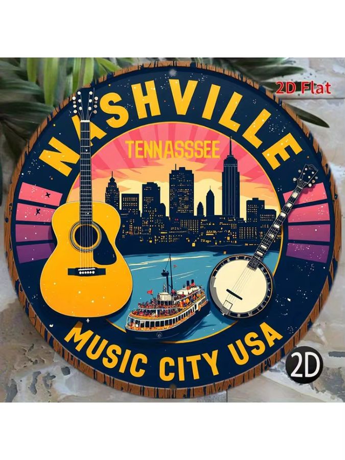 Potdemiel Nashville Tennessee Music City USA Metall-Wanddekoration Rundschild mit Skyline, Gitarre und Banjo in Multicolor - Bild 5