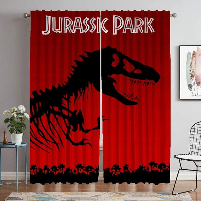 Jurassic Park Tüll-Vorhänge Set aus 2 Stück, semi-transparent, Farbe: Rot, B: 50 cm, H: 70 cm - Bild 1