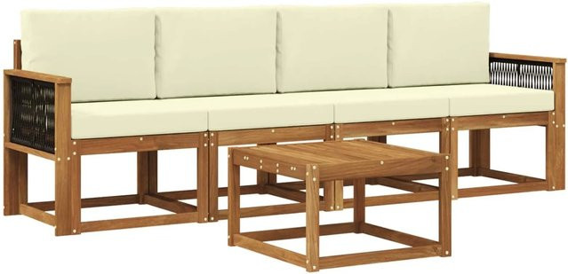 vidaXL Outdoor-Sofagarnitur aus Akazienholz mit 3-Sitzer-Sofa, Lounge-Sesseln und Couchtisch in Beige und Weiß mit Kissen und abnehmbaren Bezügen - Bild 1