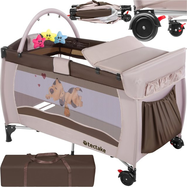tectake Kinder Reisebett Braun mit Hundeaufdruck, klappbar und höhenverstellbar, B/T/H: 132 x 75 x 104 cm - Bild 1