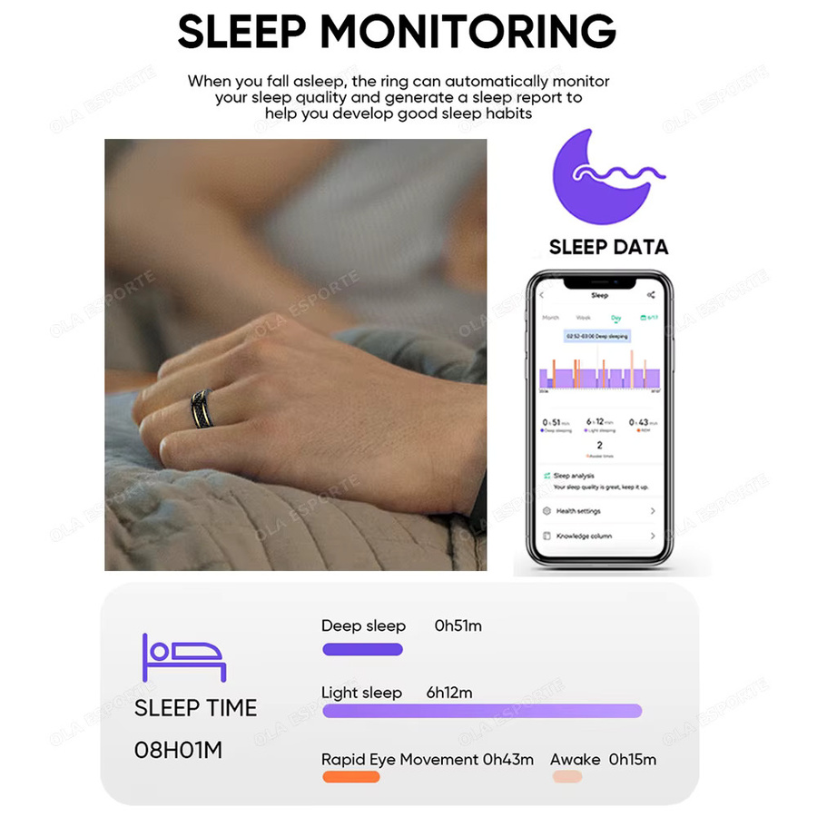 Ola Esporte Smart Ring Schwarz mit Herzfrequenz- und Schlafüberwachung, IP68 & 5ATM Wasserdicht, Unisex - Bild 2