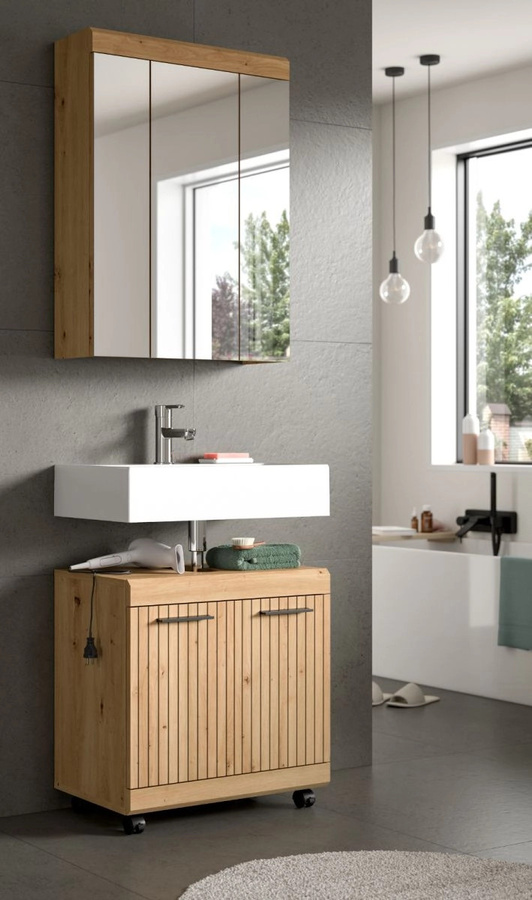Badmöbel Set Shawn in Eiche braun matt, 2-teilig bestehend aus Waschtischunterschrank und Spiegelschrank, Breite: 60 cm - Bild 2
