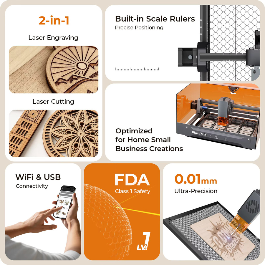 BlazeX M3 10W Lasergraviermaschine mit WLAN in Orange, hochpräzises DIY-Gravierwerkzeug-Set für Anfänger mit Notstopp-Sicherheitsdesign - Bild 2