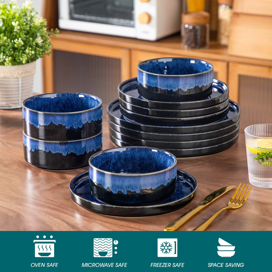 vancasso 36-teiliges Geschirrset aus Keramik in Schwarz-Blau mit reaktiver Glasur und vertikalem Rand - Bild 4