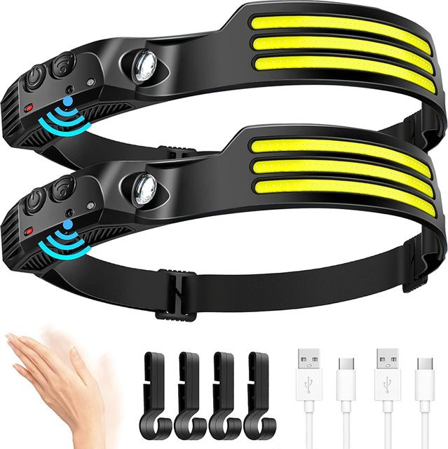 KDULIT COB LED Stirnlampe mit Bewegungssensor, USB aufladbare Kopflampe in Schwarz für Outdoor, Camping und Angeln - Bild 1