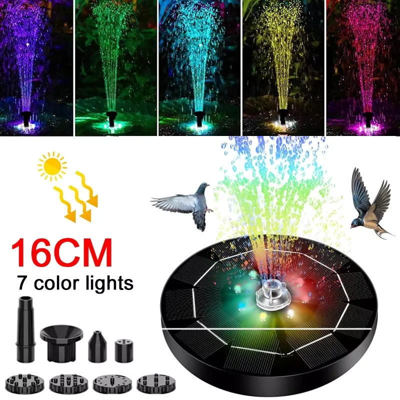 Solar-Brunnen mit 7 Farben LED-Licht und 6 Düsen für den Garten, Multicolour, Schwarz - Bild 6