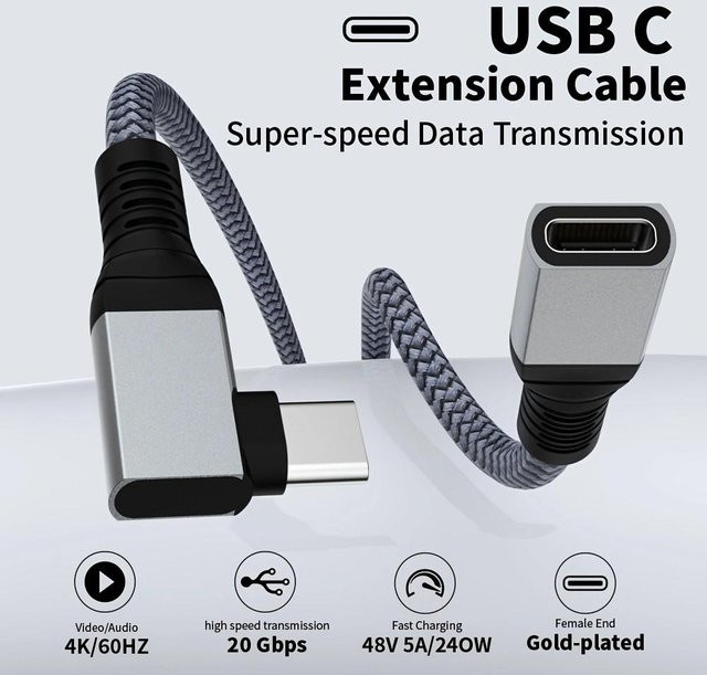 LAIHONEN USB-C Verlängerungskabel 90 Grad mit 20Gbps Datenübertragung und 240W Schnellladefunktion, grau, kompatibel mit iPhone 15 Pro Max, MacBook, Dell XPS und Thunderbolt 4 - Bild 1