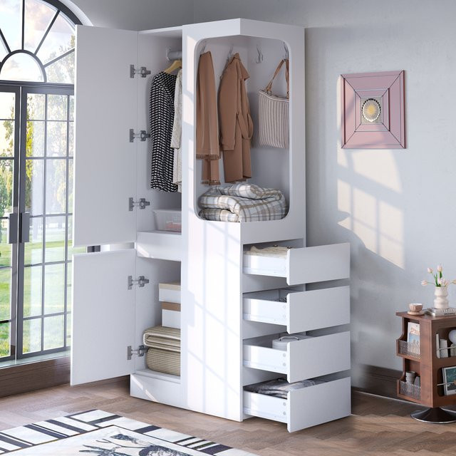 BOMP Kleiderschrank Modern Weiß Matt mit Türen, Schubladen und Fächern, B/T/H: 70 x 40 x 170 cm - Bild 1