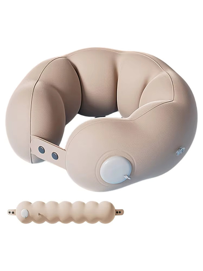 SHIDWJ Aufblasbares Reise-Nackenkissen in Beige, U-förmiges Nackenkissen mit waschbarem und abnehmbarem Kissenbezug für Flugzeug, Zug, Auto oder Büro - Bild 3