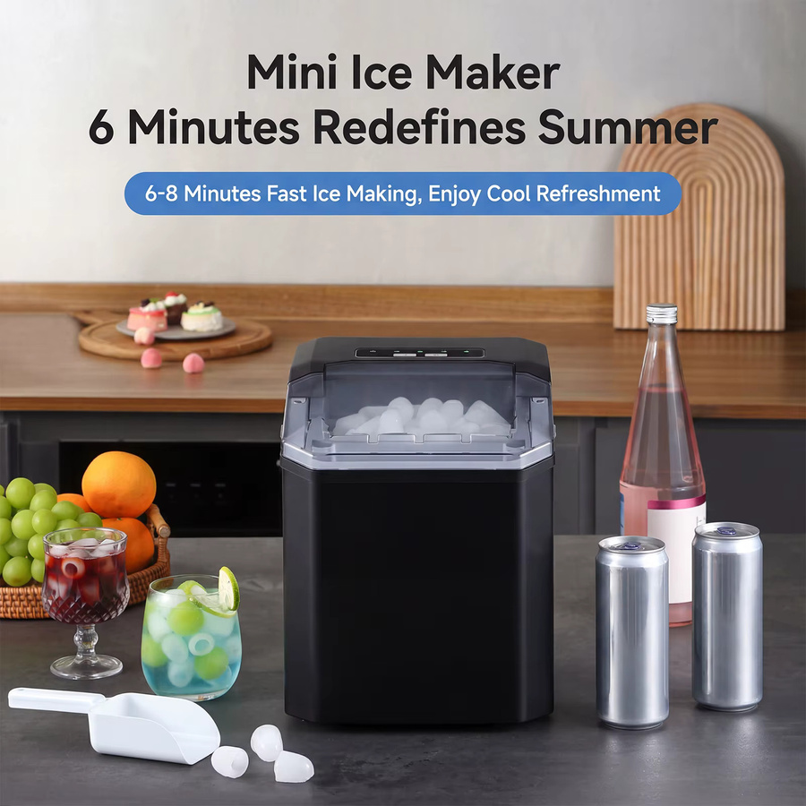 Podofo Mini-Eismaschine in Schwarz mit digitalem LED-Bedienfeld, 15 kg Eisproduktion pro 24 Stunden, inklusive Eisbehälter und Eisschaufel - Bild 3