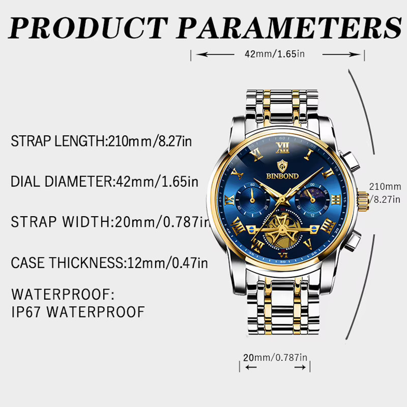 BINBOND Chronograph, Quarz, Edelstahl, Gold, Herren - Bild 6