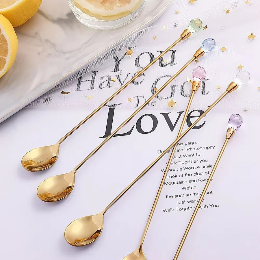 4 Stück Diamant-Kaffeelöffel aus Edelstahl in Gold und Multicolour, lange Rührlöffel mit Kristall-Design für Dessert, Eis und Cocktails - Bild 1