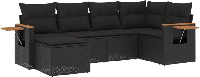 vidaXL 6-teilige Garten-Sofagarnitur aus Poly-Rattan und Akazienholz in Schwarz mit Kissen - Bild 1