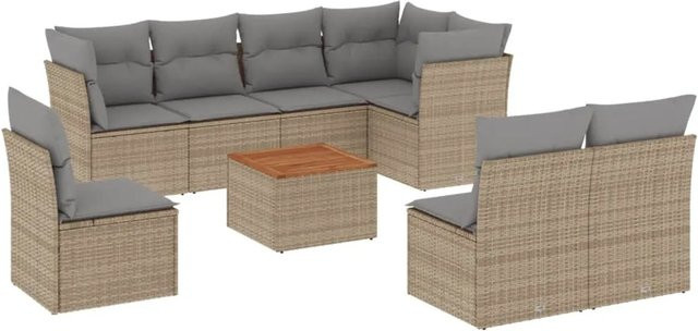 vidaXL 9-tlg Garten-Sofagarnitur aus Poly-Rattan und Akazienholz in Beige und Braun mit Kissen - Bild 1