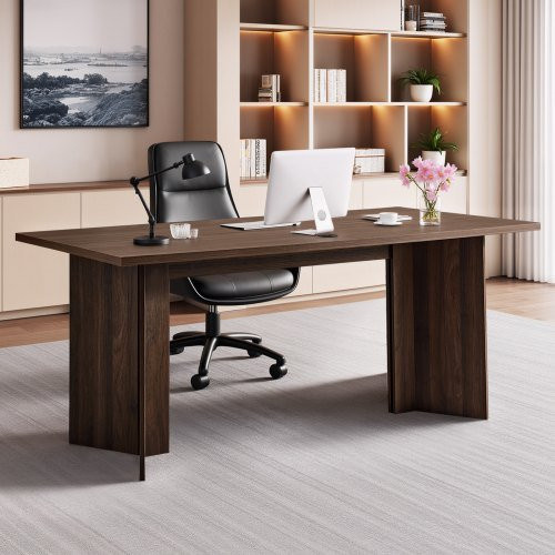 VEVOR Chefschreibtisch moderner Bürotisch aus Wabenplatte und Spanplatte mit Kabelanschlussloch, Braun/Schwarz und Walnuss, B: 160 cm, T: 80 cm, H: 76 cm - Bild 1
