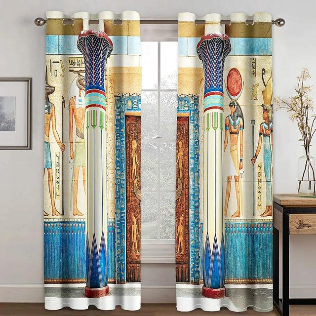 Yiran Furniture Retro-Fenstervorhänge im antiken Ägypten-Stil mit Grafikmuster, Mehrfarbig, B: 55 cm, H: 120 cm - Bild 1