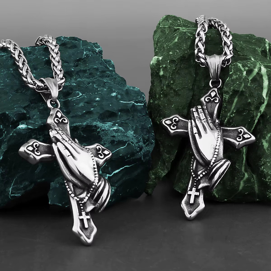 Halskette Gebet Kreuz, Edelstahl, Silber, Vintage, Unisex - Bild 2