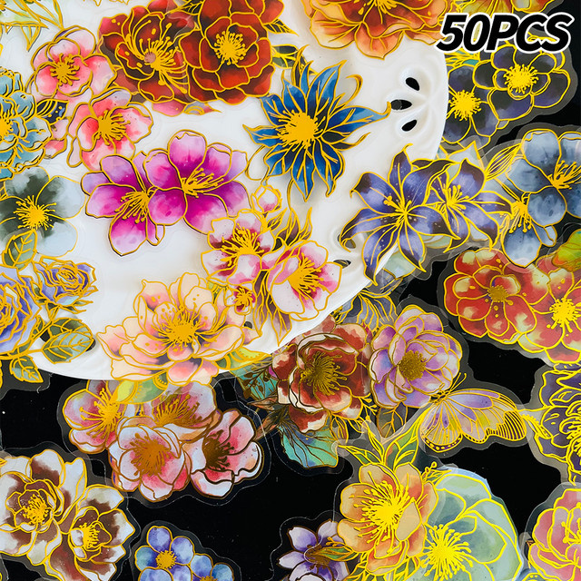 50 Stück florale Aufkleber mit Goldfolie in Multicolour für DIY-Projekte wie Notizbücher und Wasserflaschen - Bild 1