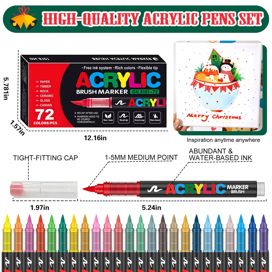 Acryl-Farbstifte mit Pinselspitze in 120 Farben für Kunstbedarf auf Stoff, Stein, Glas, Keramik und Holz, Multicolour - Bild 5