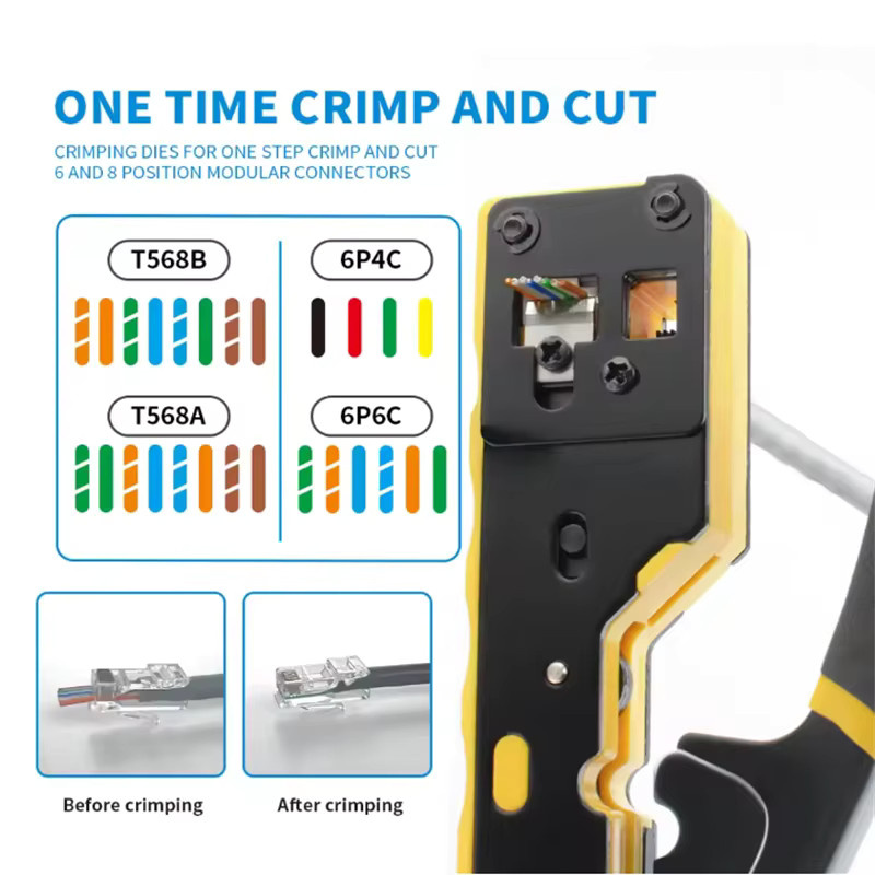 AOKIN RJ45 Netzwerk-Crimper 3-in-1 Crimp/Cut/Strip für LAN CAT8/7/6A/6/5E STP/UTP und RJ11/12 Tel Modularkabel in Gelb - Bild 4