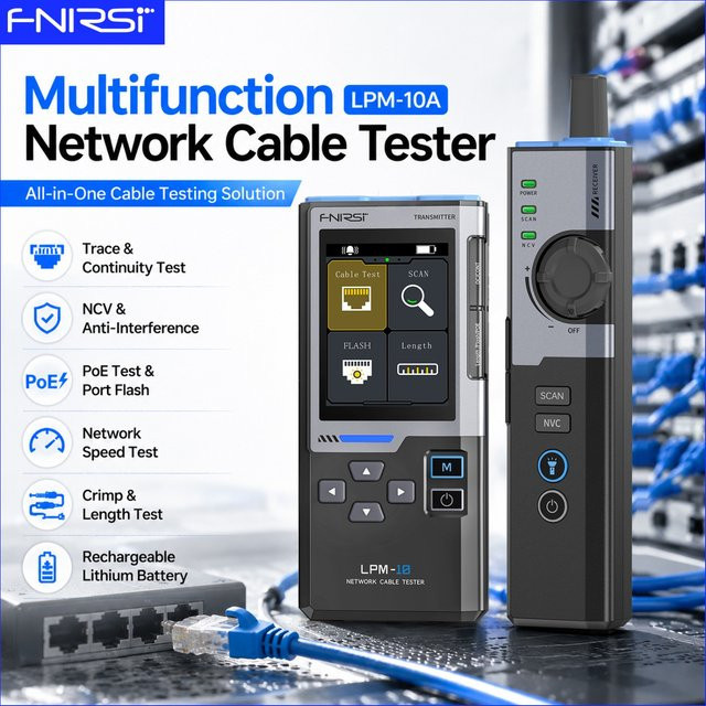 FNIRSI LPM-10A Multifunktions-Kabeltester in Schwarz für RJ45/RJ11 Netzwerkverbindungen und Leitungsprüfung - Bild 1