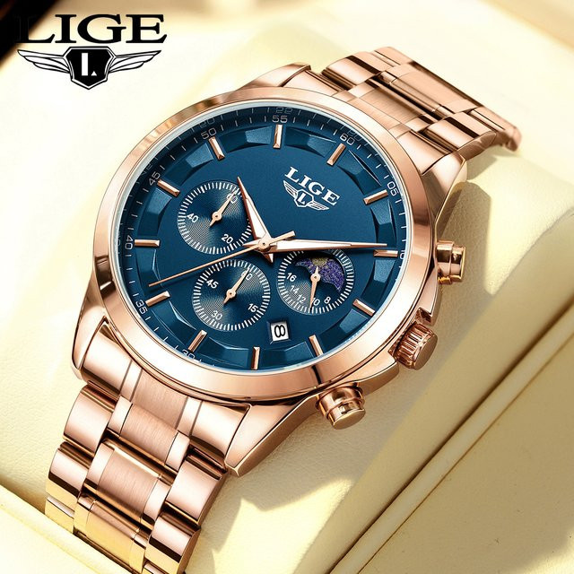 LIGE Armbanduhr Chronograph, Quarz, Edelstahl, Blau, Herren - Bild 1