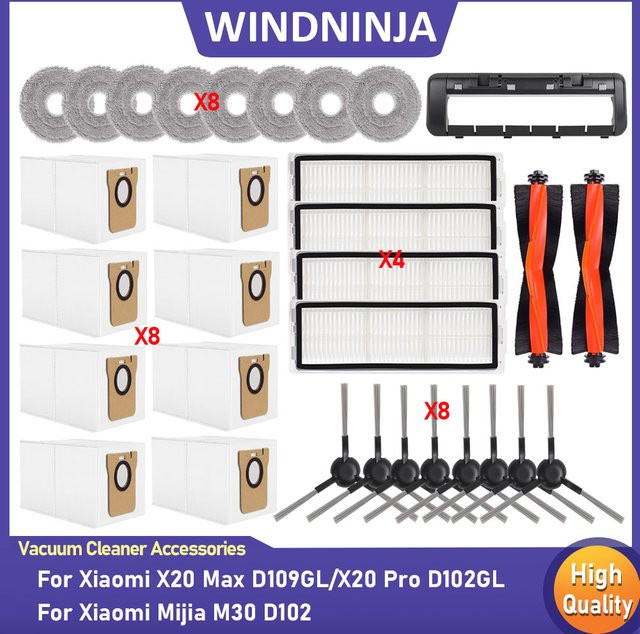 WINDNINJA Ersatzteil-Set für Xiaomi Mijia M30 D102, X20Max D109GL und X20Pro D102GL Roboterstaubsauger mit Rollenbürsten, Seitenbürsten, Wischtüchern, Staubbeuteln und HEPA-Filtern - Bild 1