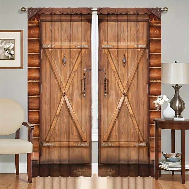 2er-Set dekorative Vorhänge mit Holztürmuster von Yiran Furniture in Braun, semi-transparent, B: 135 cm, H: 245 cm - Bild 1