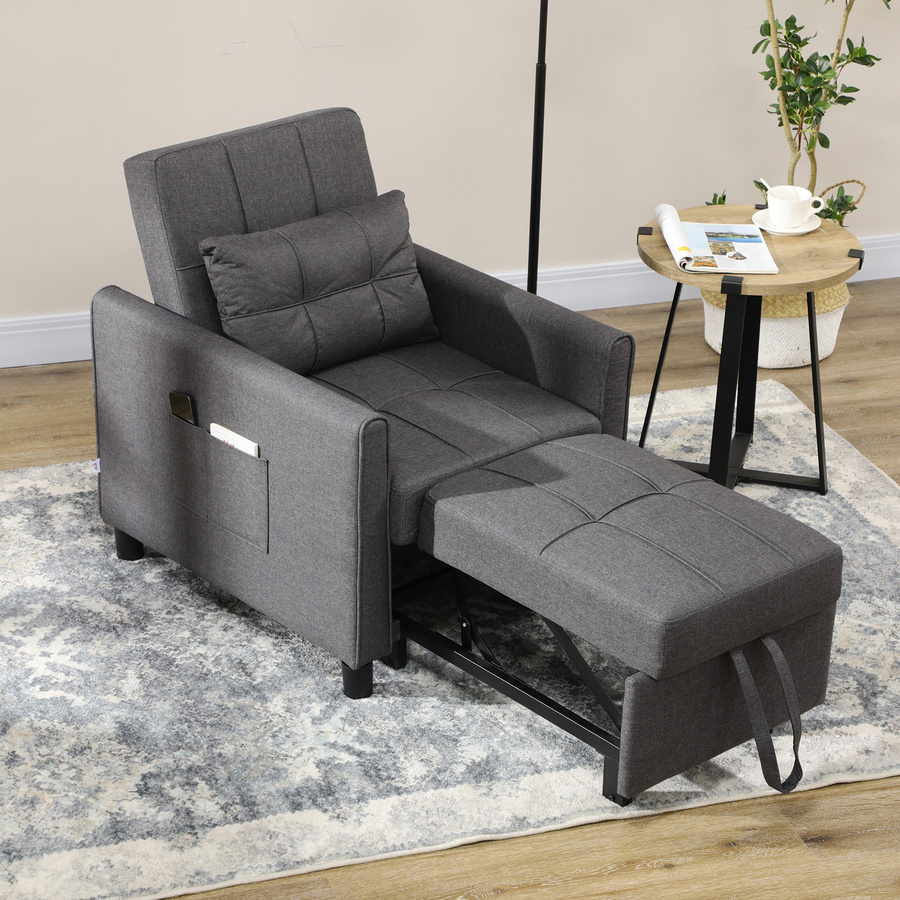 HOMCOM 3-in-1 Schlafsessel Grau mit verstellbarer Rückenlehne, Einzelschlafsofa inklusive Kissen und Seitentaschen für Wohnzimmer oder Büro - Bild 2