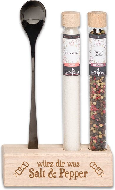 Löffelgeist Gewürzset Salz, Weißer Pfeffer, Schwarzer Pfeffer, Grüner Pfeffer, Rosa Pfeffer 82 g - Bild 1