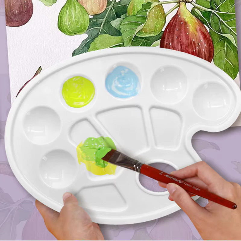 Ovale Kunststoff-Farbpalette in Weiß mit 6 Fächern und Daumenloch für Aquarell und Gouache - Bild 2
