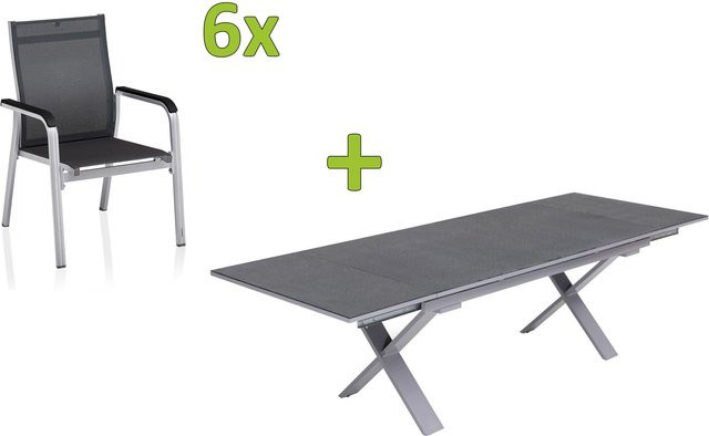 Kettler BasicPlus Premium Garten-Essgruppe aus Aluminium und Textilene in Silber mit Tisch und 6 Stapelsesseln - Bild 1