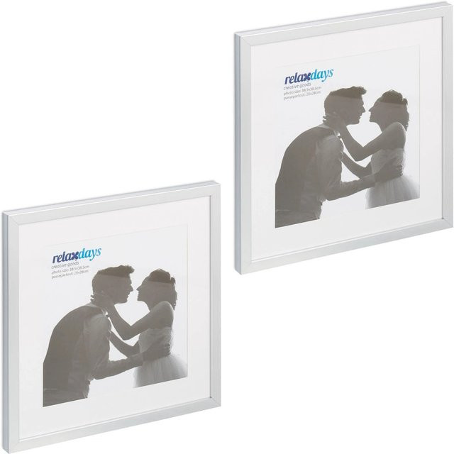 Relaxdays Bilderrahmen 2er Set aus Kunststoff in Silber mit Passepartout, quadratisch, hängbar und stellbar, B/H: 38,5 x 38,5 cm - Bild 1
