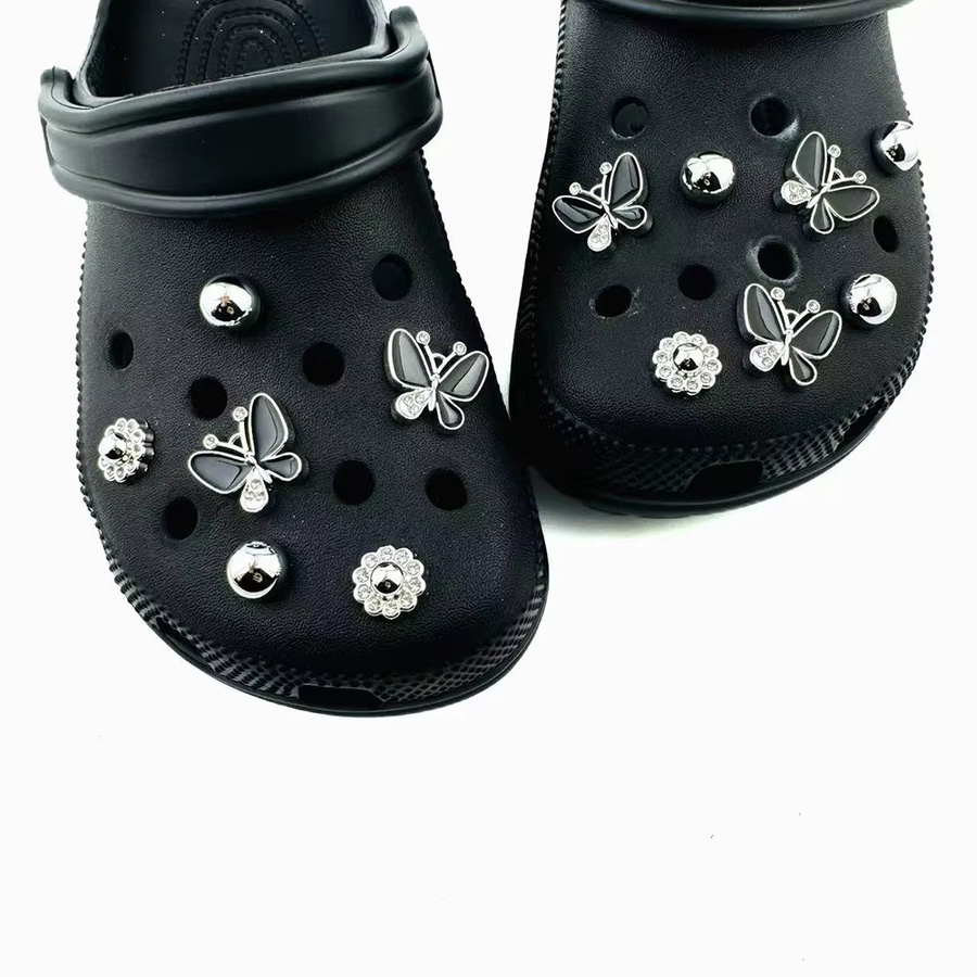 FHLDING Schuh-Charm-Set, 13-teilig, schwarzer Schmetterling, Diamant, Blume, silberne Perlen, Unisex - Bild 5