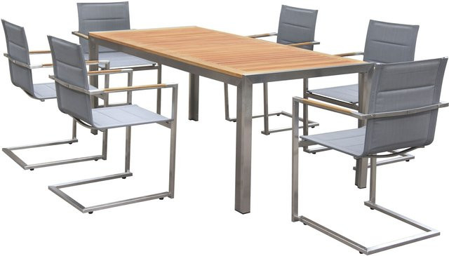OUTFLEXX Garten-Essgruppe aus Edelstahl und Teakholz in Silber mit Tisch und 6 gepolsterten Sesseln, Tisch Breite: 180 cm, Tiefe: 90 cm - Bild 1
