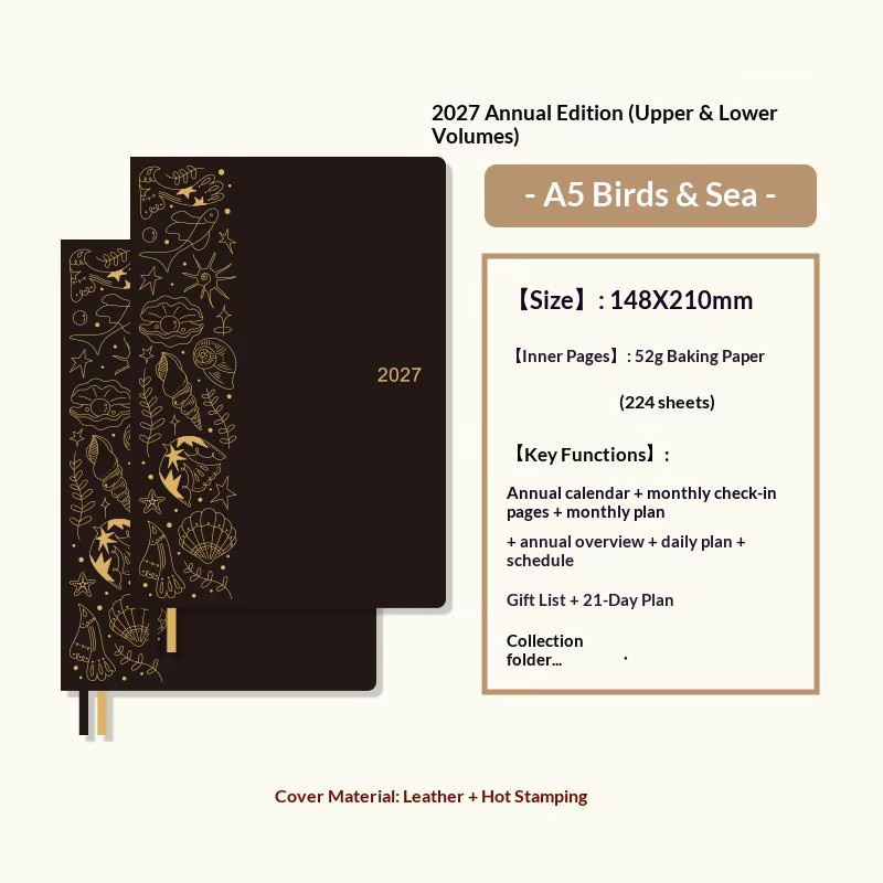 Kinbor Classic 2027 Tagesplaner aus schwarzem PU-Leder mit 52g Bawen-Papier, A5 Jahresplaner-Notizbuch - Bild 4